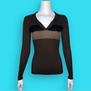 Fendi Silk Long Sleeve Ribbed Dark Brown w/ Stripes V-Neck Top - 40 AUTHENTIC